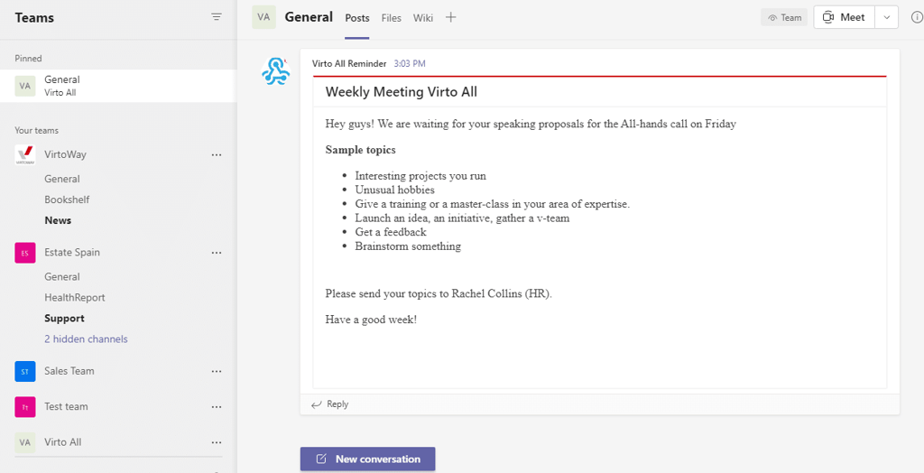 Microsoft Teams interface showing General channel with Weekly Meeting Virto All reminder post