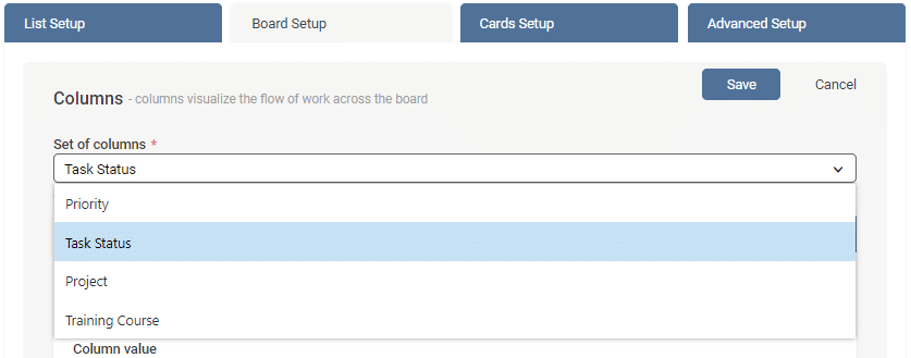 Kanban board setup showing columns configuration with Task Status, Priority, Project, and Training Course options.