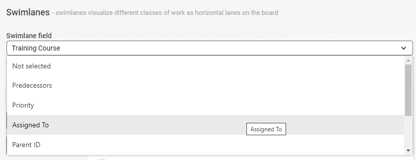 Swimlanes configuration panel showing field options including Training Course, Predecessors, Priority, and Assigned To s
