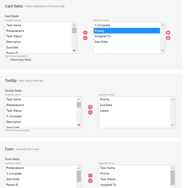 Configuration interface showing card fields, tooltip settings, and form fields for a Kanban board task management system