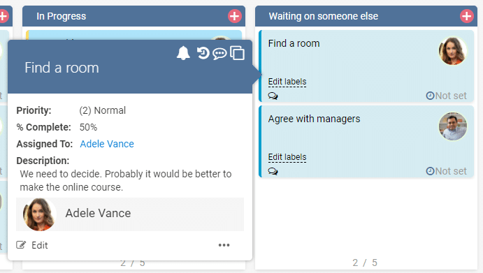 Kanban board showing tasks in "In Progress" and "Waiting on someone else" columns with task details 