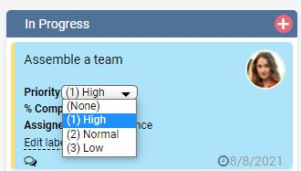 Kanban board task card showing "Assemble a team" with priority dropdown menu open displaying High, Normal, and
