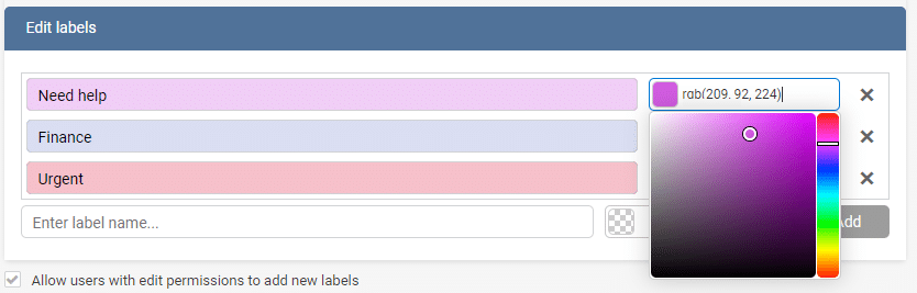 Edit labels dialog showing color picker and existing labels like "Need help", "Finance", and "U