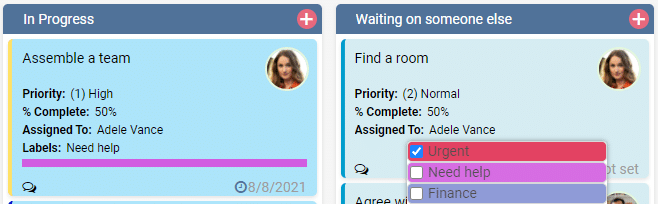 Kanban board showing two task columns: "In Progress" with team assembly task and "Waiting on someone else
