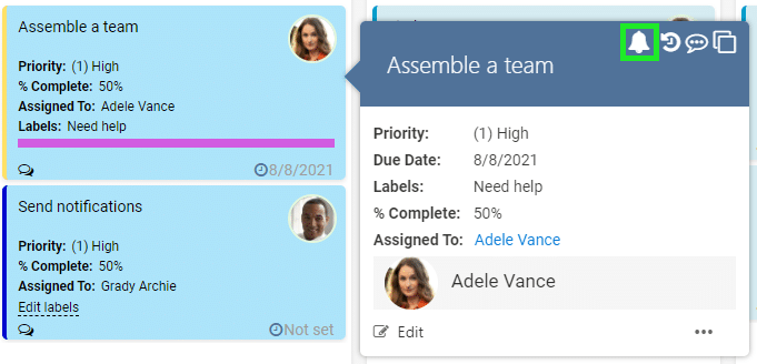 Task management interface showing Kanban board with team assembly and notification tasks assigned to Adele Vance and Gra