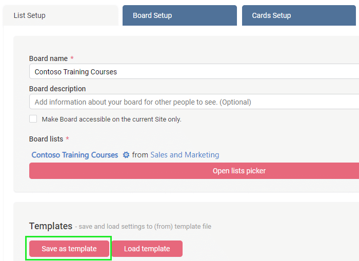 Board setup form for Contoso Training Courses with name, description, and list selection options