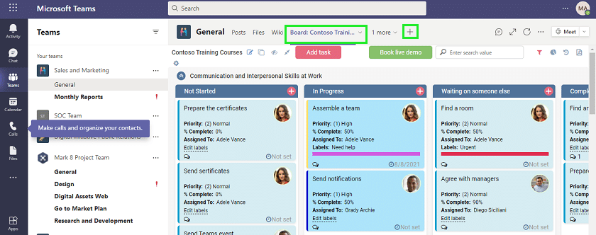 Microsoft Teams Kanban board showing employee training tasks organized by status columns.