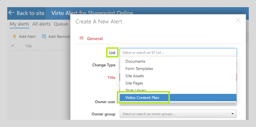 Create New Alert dialog showing SharePoint list selection with Video Content Plan highlighted
