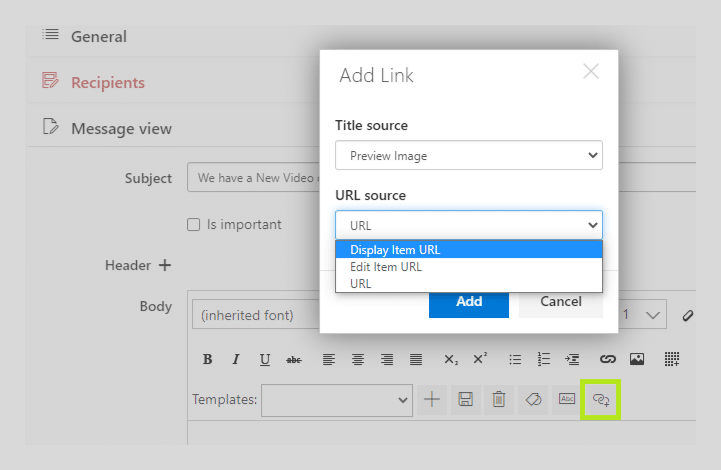 Add Link dialog showing URL source dropdown menu with options for Display Item URL, Edit Item URL, and URL.