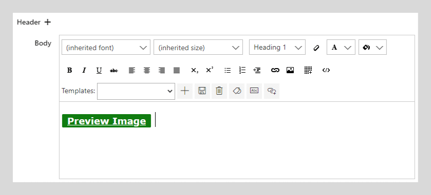 Rich text editor toolbar with formatting options and Preview Image button