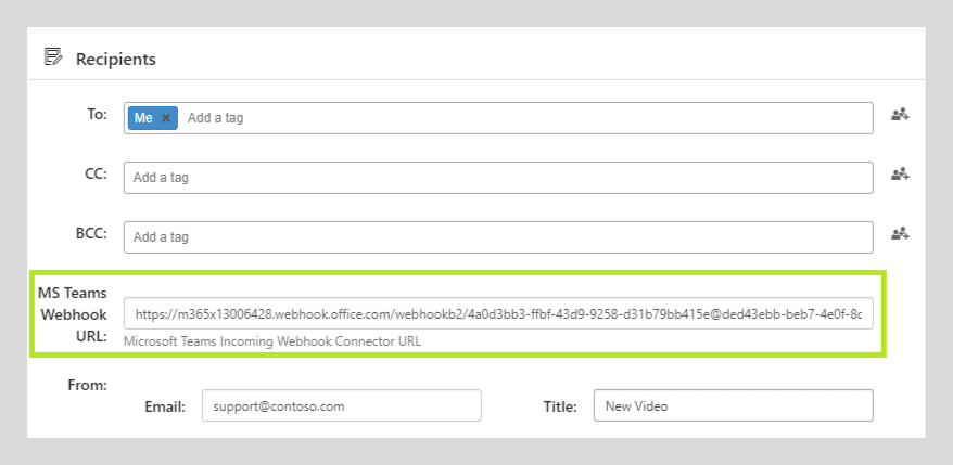 Email recipient and MS Teams webhook configuration form with fields for To, CC, BCC, sender email, and title.