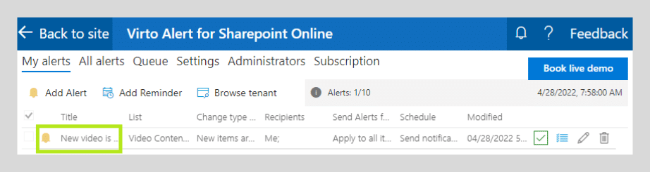 Virto Alert for SharePoint Online interface showing alert configuration with one active alert