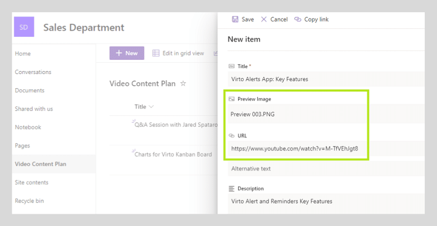 SharePoint new item form with preview image and URL fields highlighted in green