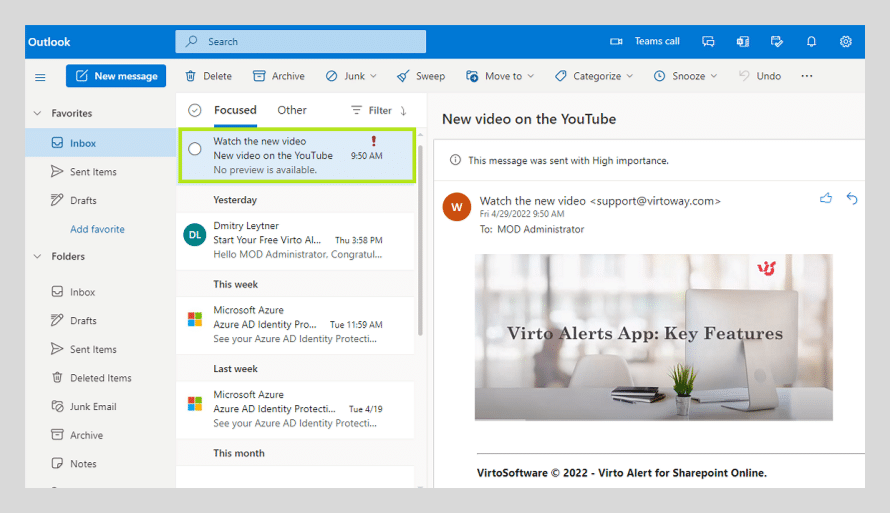 Outlook inbox with email about "New video on the YouTube" highlighted, showing video preview panel on right.