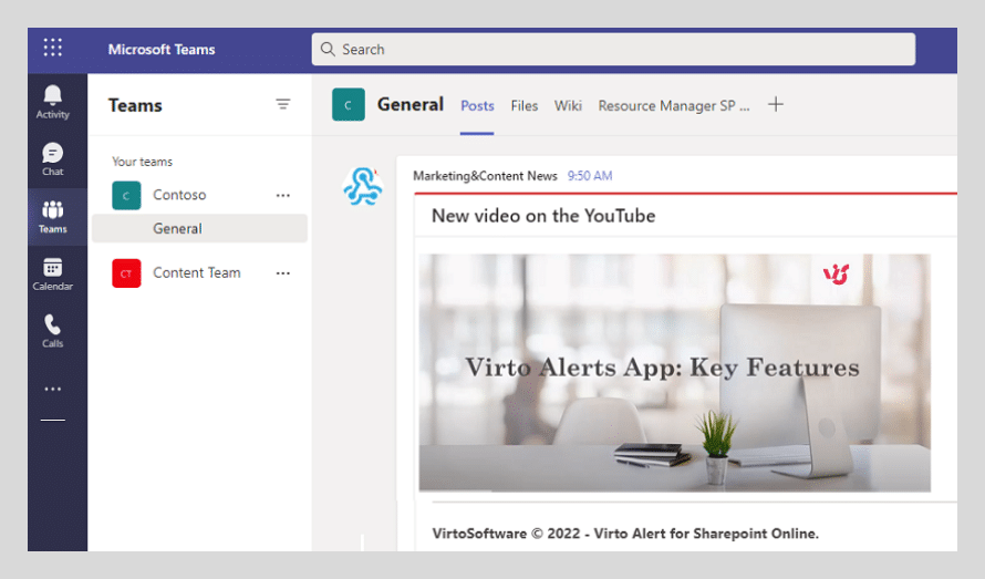 Microsoft Teams interface showing a General channel post about a YouTube video on Virto Alerts App features.