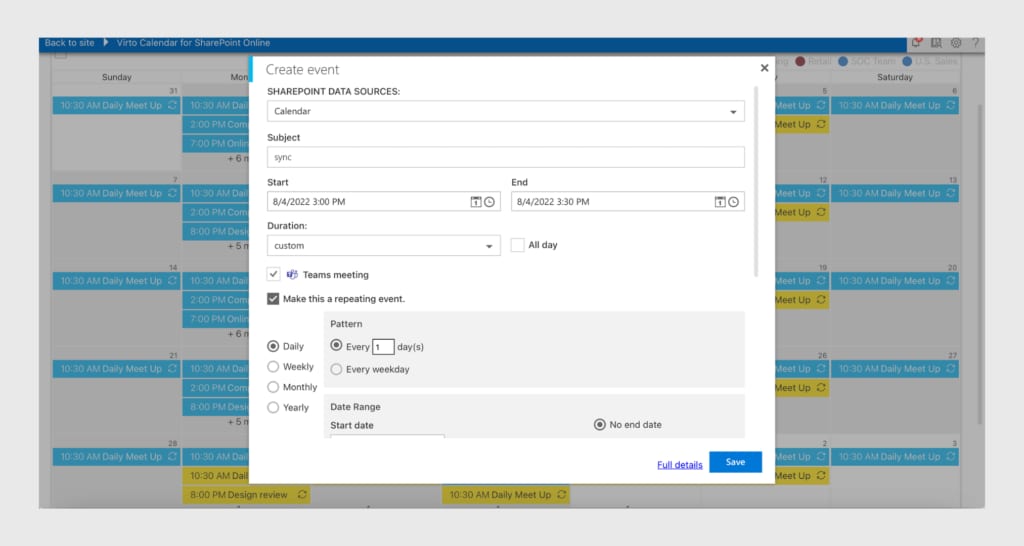 Recurring events and Microsoft Teams meetings can be created in Calendar Overlay Pro by Virto