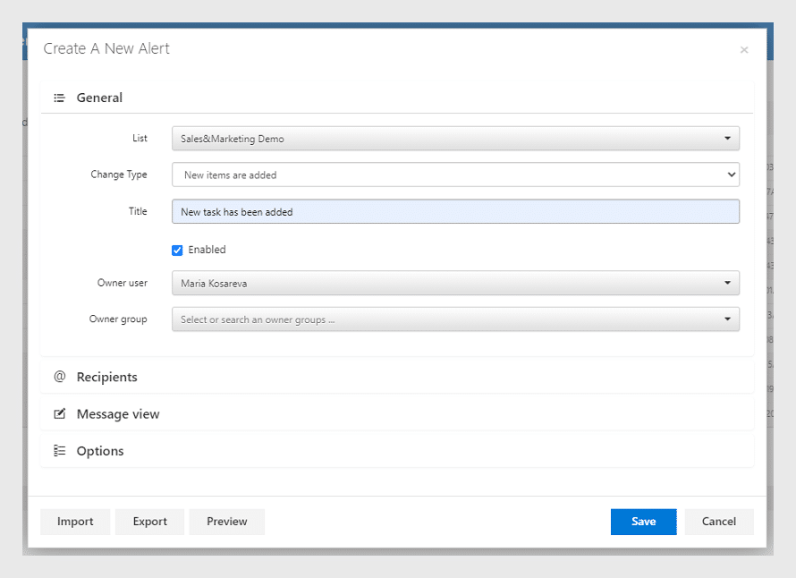 Alert creation form with list, change type, title, and recipient settings in Virto Alerts interface