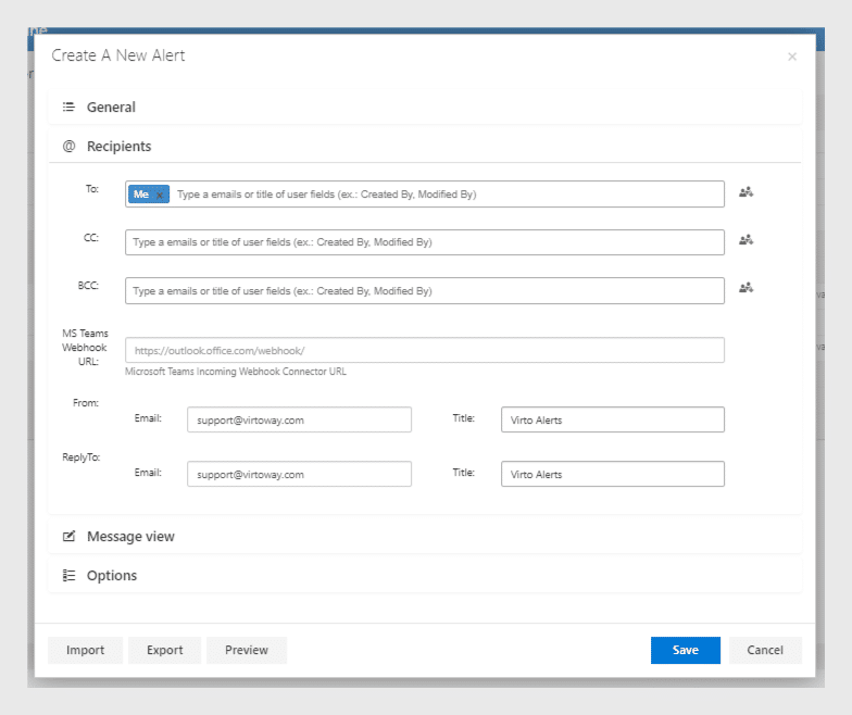 Create A New Alert dialog with email recipients, MS Teams webhook URL, and sender details fields.