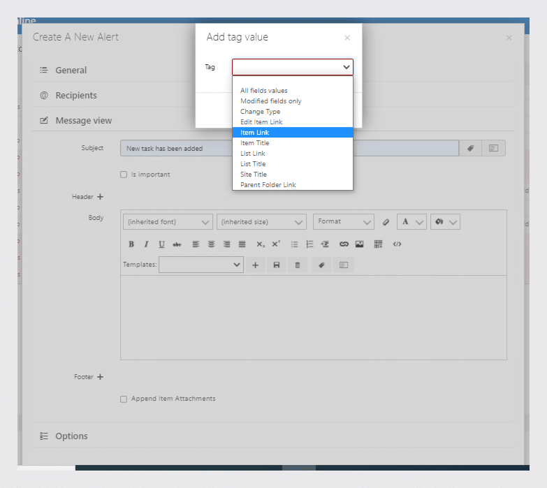 Alert creation dialog with tag value dropdown menu open showing field options