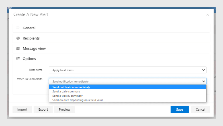 Alert creation dialog with notification scheduling options dropdown menu open
