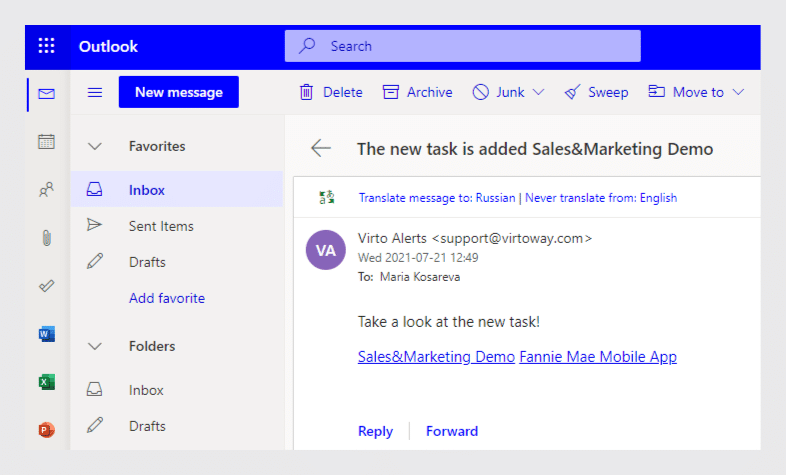 Outlook inbox with email from Virto Alerts about new Sales&Marketing Demo task notification