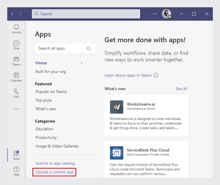 Microsoft Teams Apps section showing featured apps like Workstreams.ai and ServiceDesk Plus Cloud