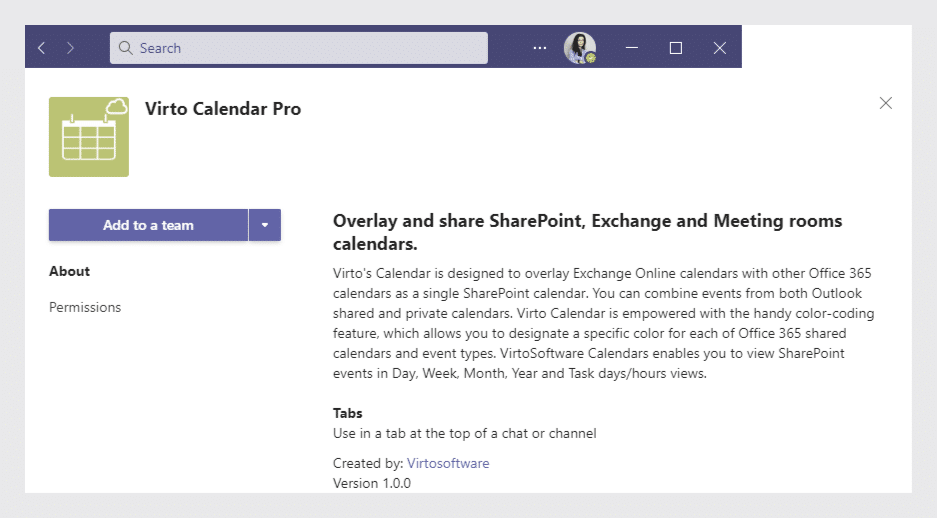 Virto Calendar Pro app overview page showing features for overlaying SharePoint and Exchange calendars