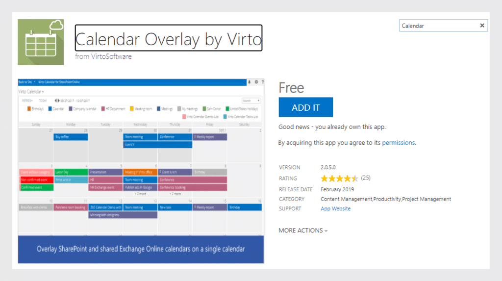 Calendar Overlay by Virto app listing showing pricing, ratings, and features for SharePoint calendar management.
