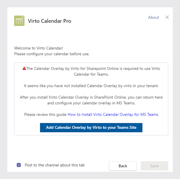 Virto Calendar Pro setup screen showing installation requirement warning and configuration instructions for MS Teams int