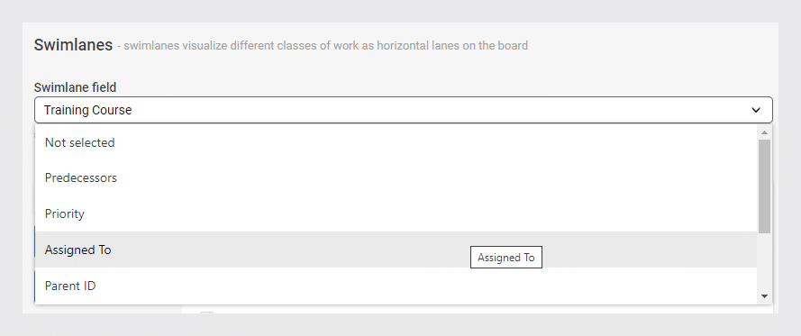 Swimlanes configuration panel showing Training Course field selector and options for Predecessors, Priority, and Assigne
