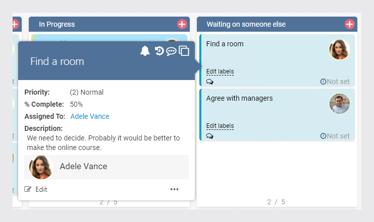 Kanban board showing two task columns: "In Progress" with a room-finding task assigned to Adele Vance, and &qu