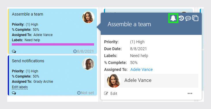 Task management interface showing two cards for "Assemble a team" and "Send notifications" with prio