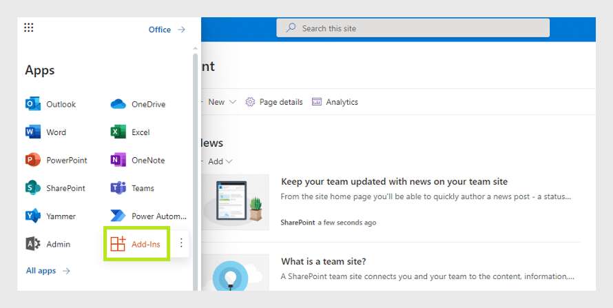 Microsoft Office apps menu showing Outlook, Word, PowerPoint, SharePoint, Yammer, and other productivity tools.