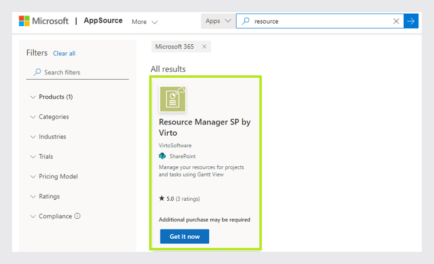 AppSource listing for Resource Manager SP by Virto with Get it now button