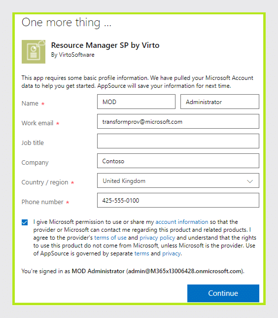 AppSource app registration form for Resource Manager SP by Virto with user profile fields