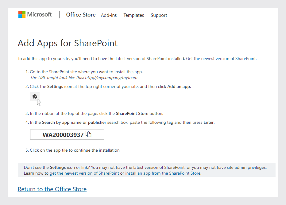 Instructions for adding apps to SharePoint via Office Store with app ID WA200003937
