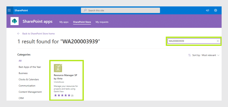 SharePoint Store search result for Resource Manager SP app by Virto with 5-star rating
