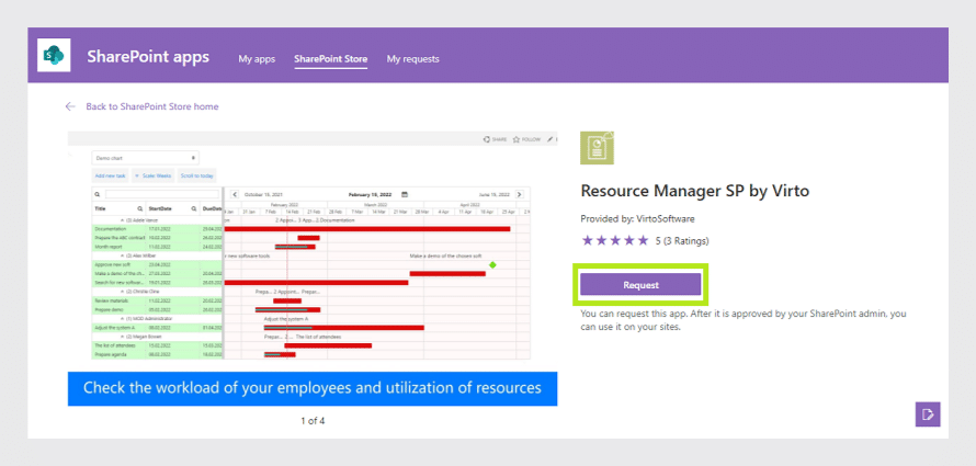 Resource Manager SP app details page showing Gantt chart preview and 5-star rating with Request button