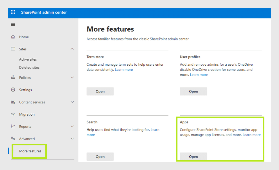 SharePoint admin center More features page showing Term store, User profiles, Search, and Apps options.