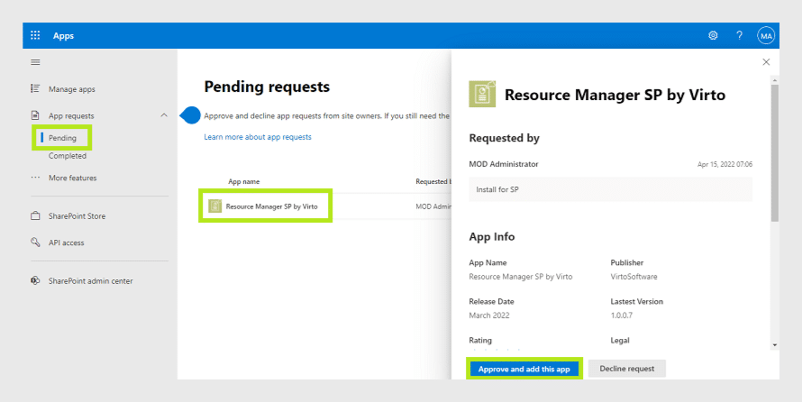 SharePoint app approval screen for Resource Manager SP by Virto with pending request details.