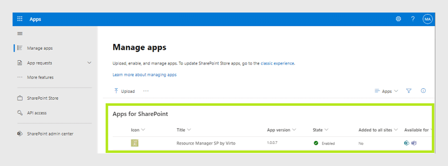 SharePoint app management page showing Resource Manager SP by Virto enabled app in table format
