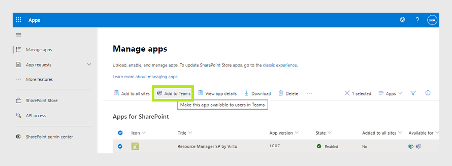 SharePoint Manage apps interface showing Resource Manager SP app selected with "Add to Teams" option highlight