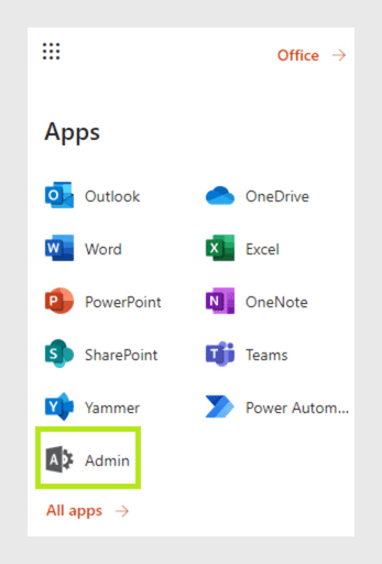 Microsoft Office apps launcher menu showing available applications including Outlook, Word, PowerPoint, OneDrive, Excel,