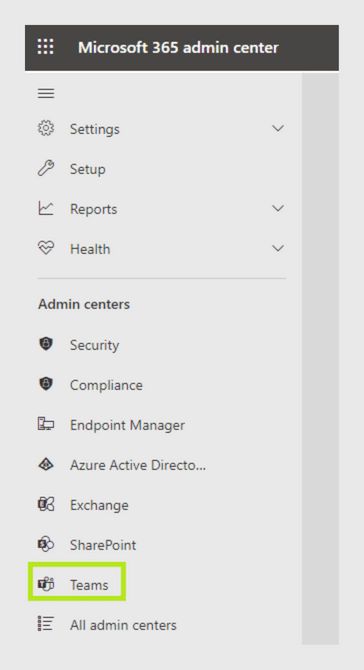 Microsoft 365 admin center navigation menu with Teams option highlighted in green