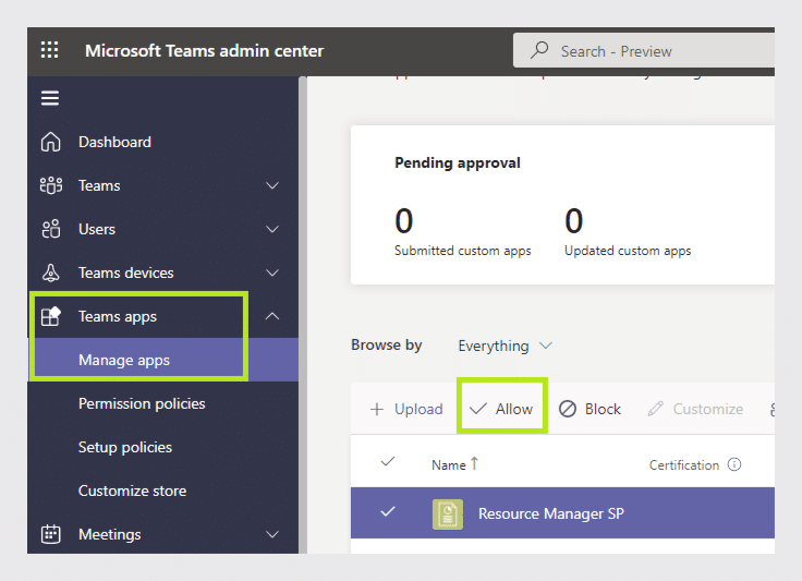 Microsoft Teams admin center showing Teams apps management with Resource Manager SP app listed for approval