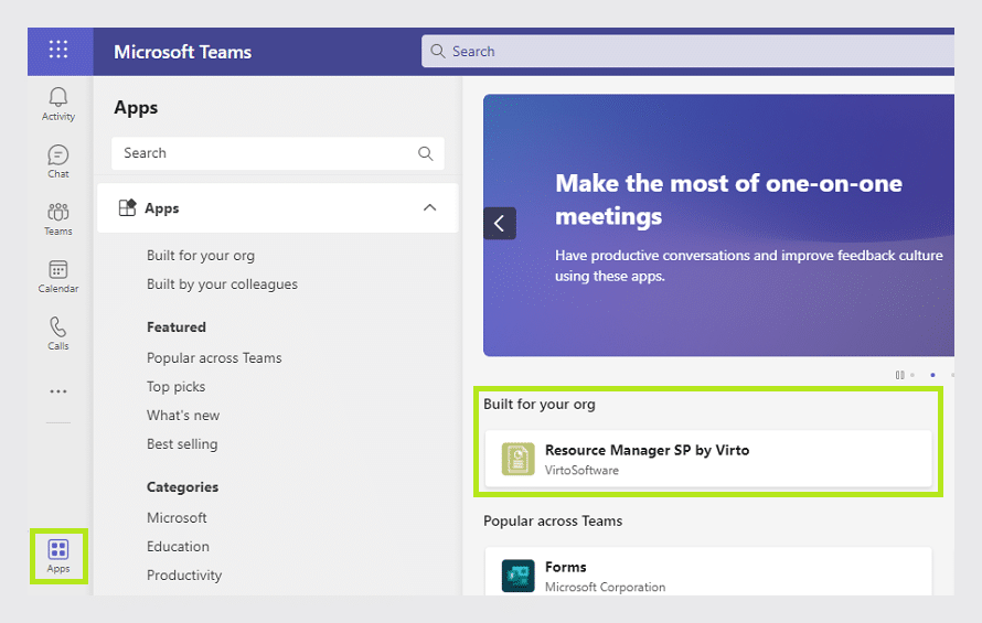 Microsoft Teams Apps section showing Resource Manager SP by Virto in Built for your org category.