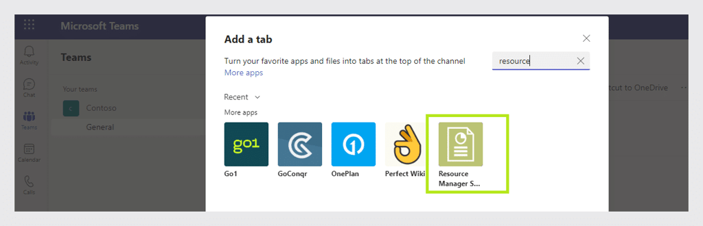 Microsoft Teams Add a tab dialog showing app options including Resource Manager highlighted in green.