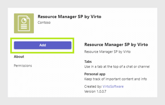 Screenshot of Resource Manager SP by Virto app installation page with Add button highlighted
