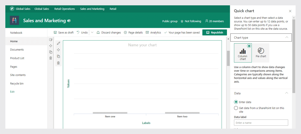 SharePoint Quick Chart interface with column chart selected and data entry options visible.