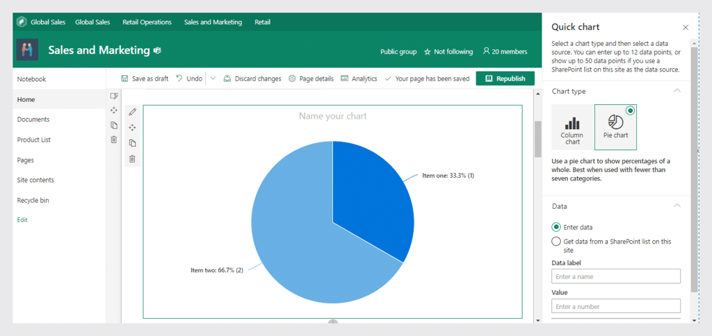 SharePoint pie chart creation interface showing sample data with two items at 33.3% and 66.7% distribution.